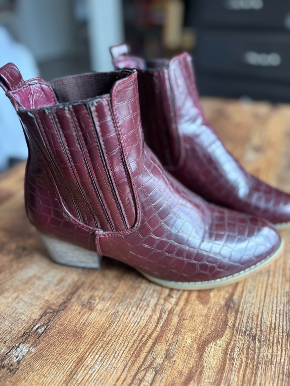 Nature Breeze Croc-Embossed Chelsea Ankle Boot in Burgundy